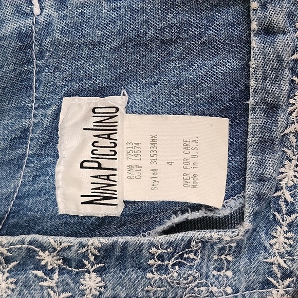 Nina Piccalino vintage embroidered square neck denim dress tie back, made in USA - Picture 5 of 9